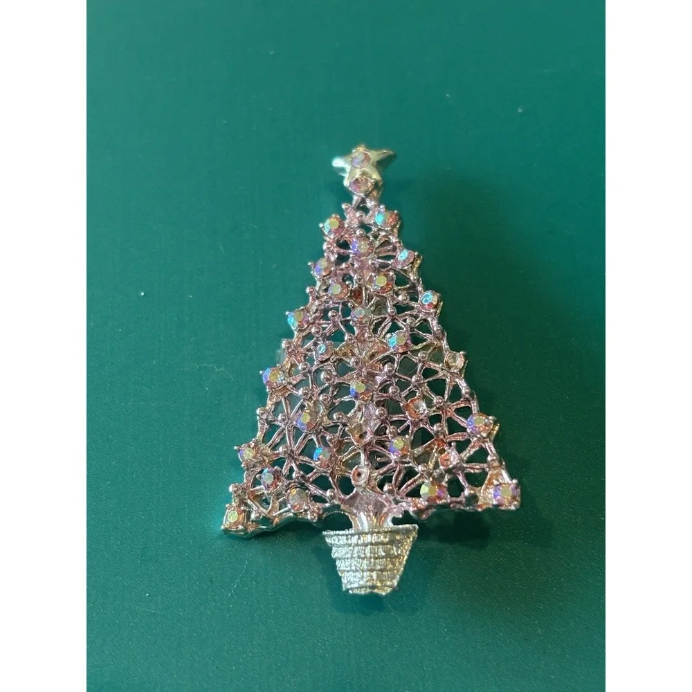 Pink Rhinestone Iridescent Christmas Tree Brooch Vintage And Cute Snowman Pin